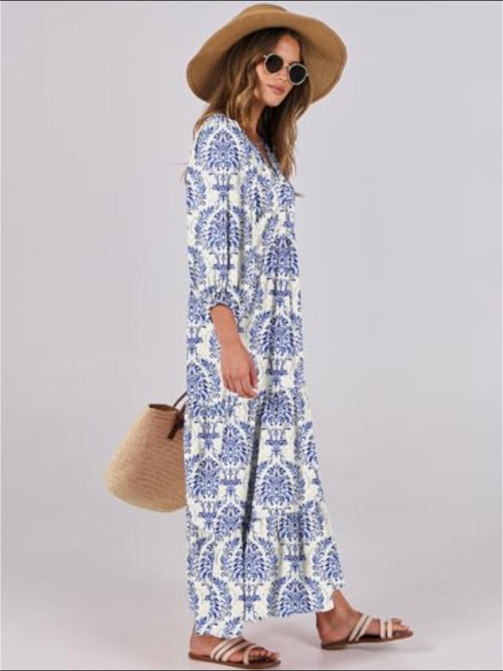 Womens V Neck Floral Maxi Dress Blue Puff Sleeve Empire Waist Boho Coastal Artsy - Picture 2 of 5